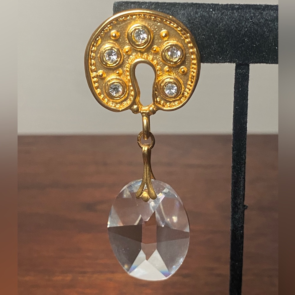 Gold Tone Drop Earrings | Faceted Clear Dangles Statement - Picture 5 of 11